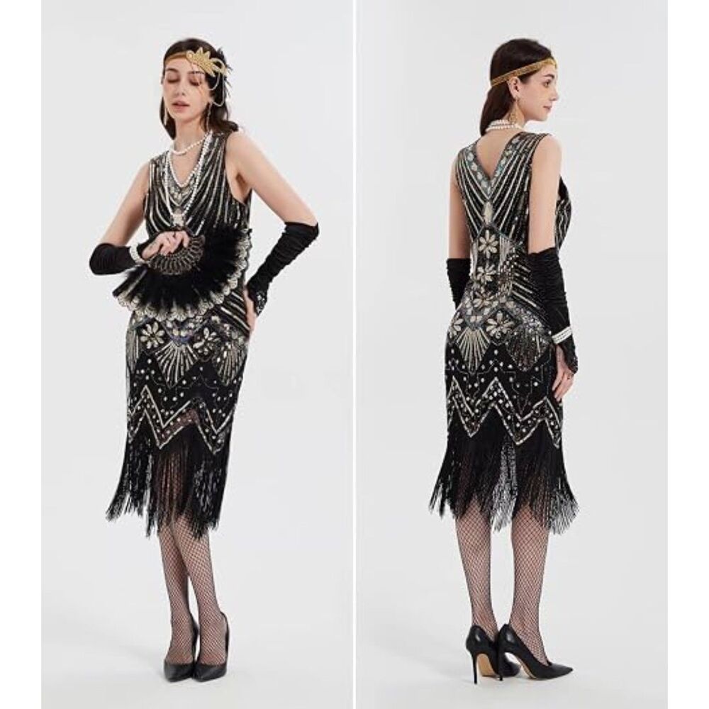 1920s style Dress, Flapper Dress Sequins Beads Fringe Costume & Accessories